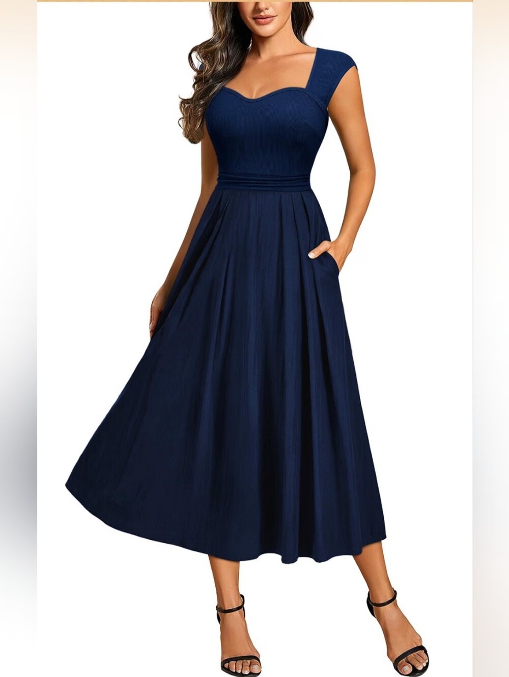 NWT Navy Retro Square Neck Fit & Flare Midi Dress L